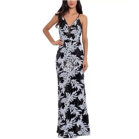 Betsy & Adam Black and White Sequin Gown Size 8 - Picture 1 of 7